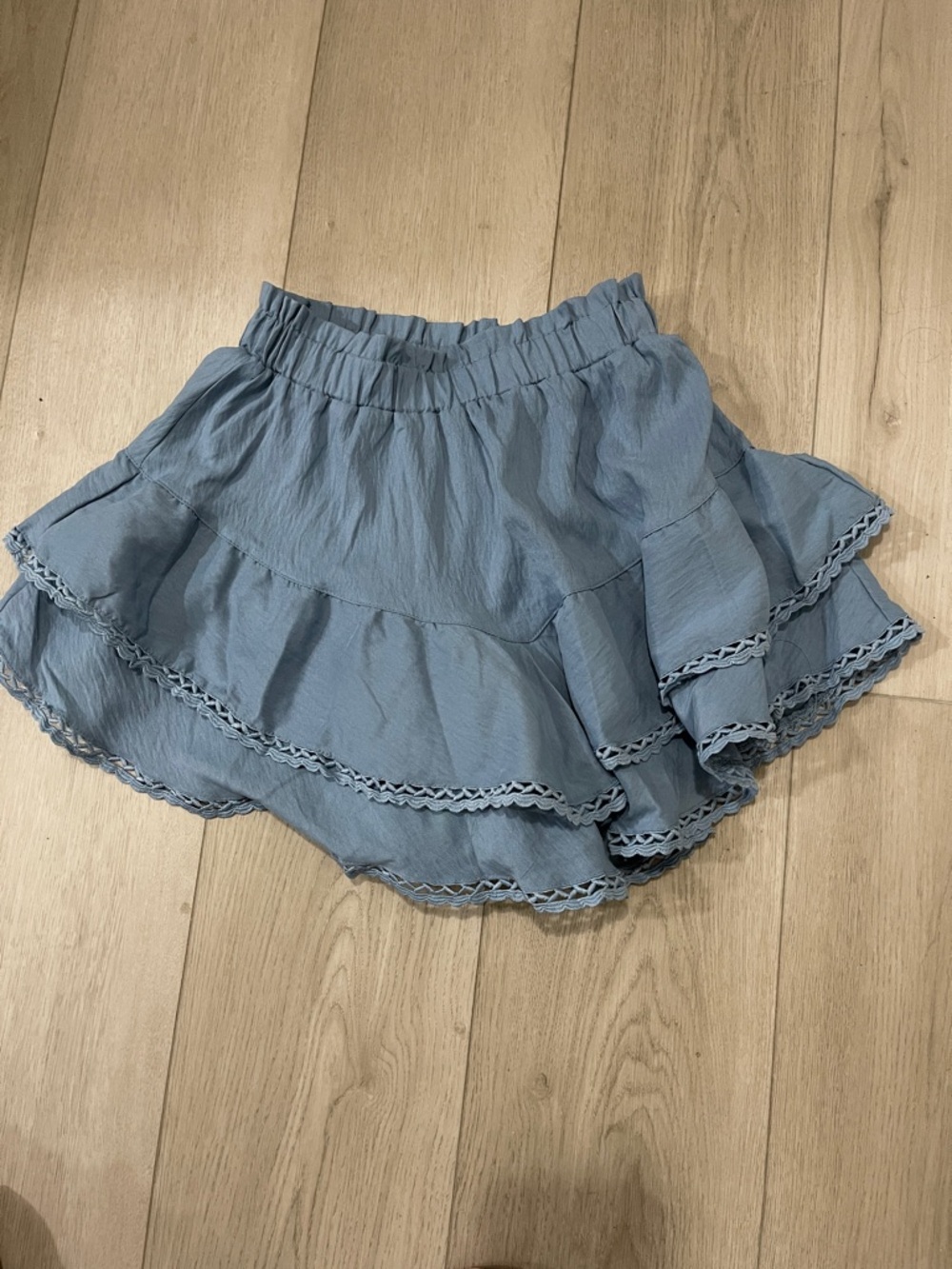 Blue Ruffled Crochet-Trim Mini Skirt